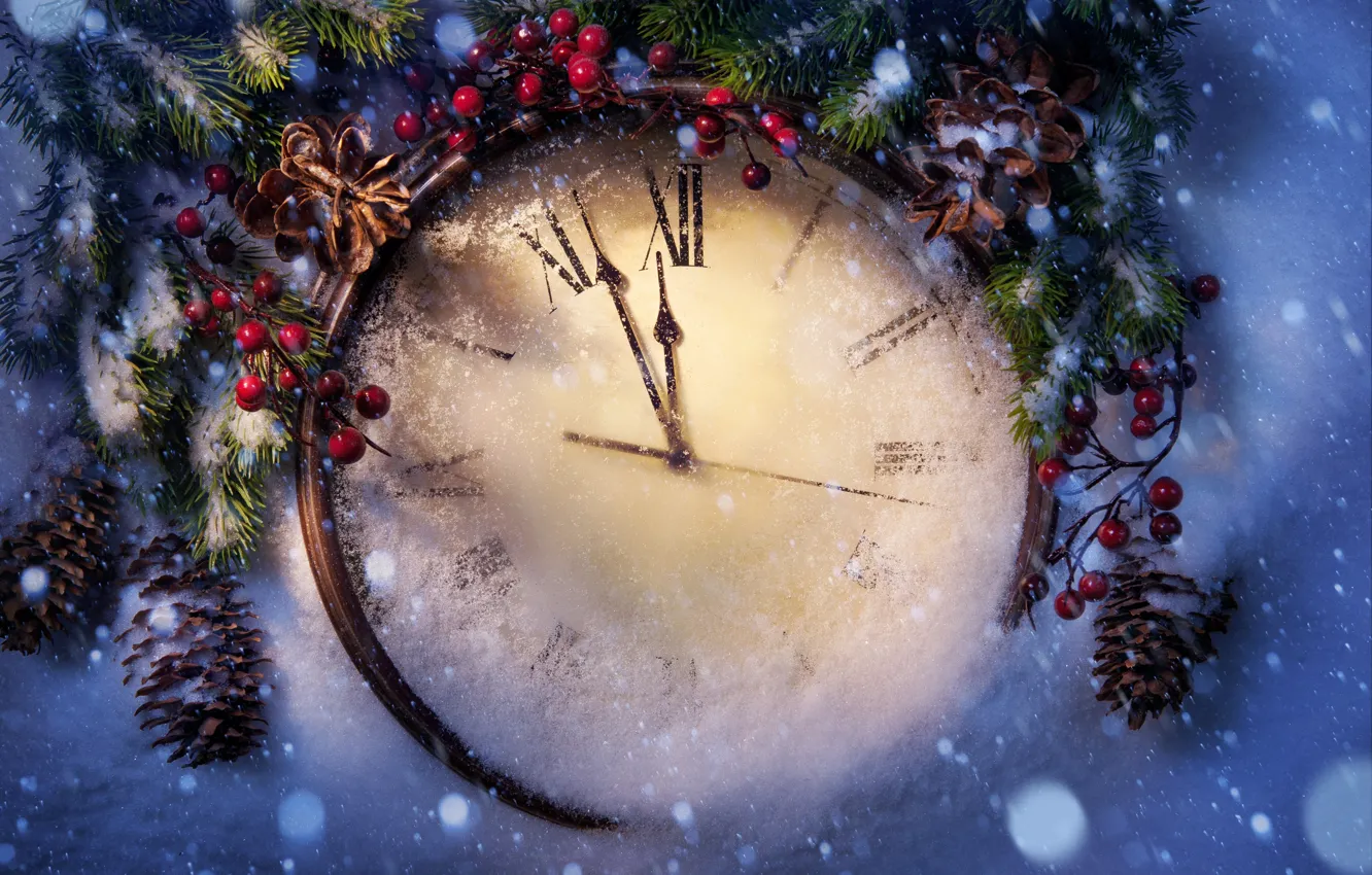 Photo wallpaper winter, snow, holiday, New Year, Christmas, Christmas, New Year, clock