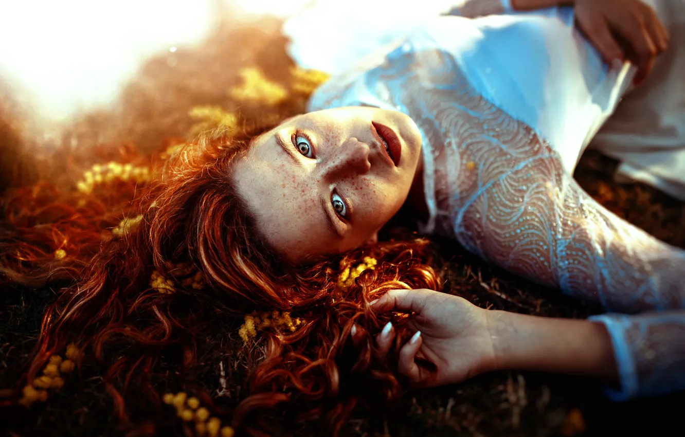 Photo wallpaper girl, freckles, sun light, Ronny Garcia