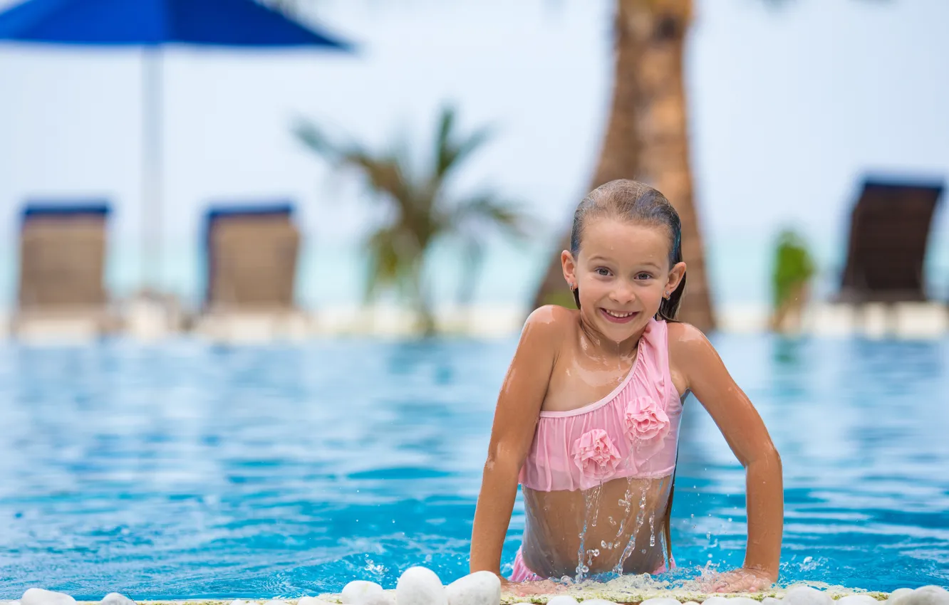 Photo wallpaper joy, smile, stay, positive, good mood, smile, blue water, Pink swimsuit