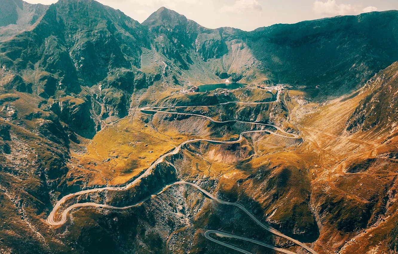 Photo wallpaper road, mountains, lake, panorama, gorge, serpentine, the view from the top, Romania