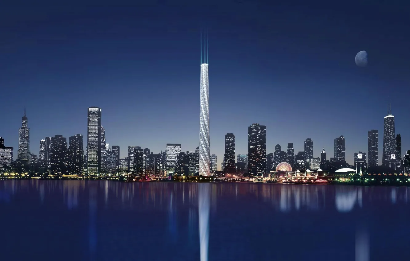 Photo wallpaper water, night, city, the city, reflection, skyscrapers, night, Santiago