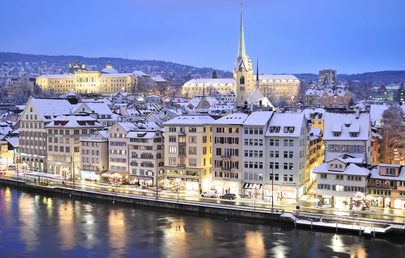 Photo wallpaper winter, the sky, snow, mountains, lights, river, home, the evening