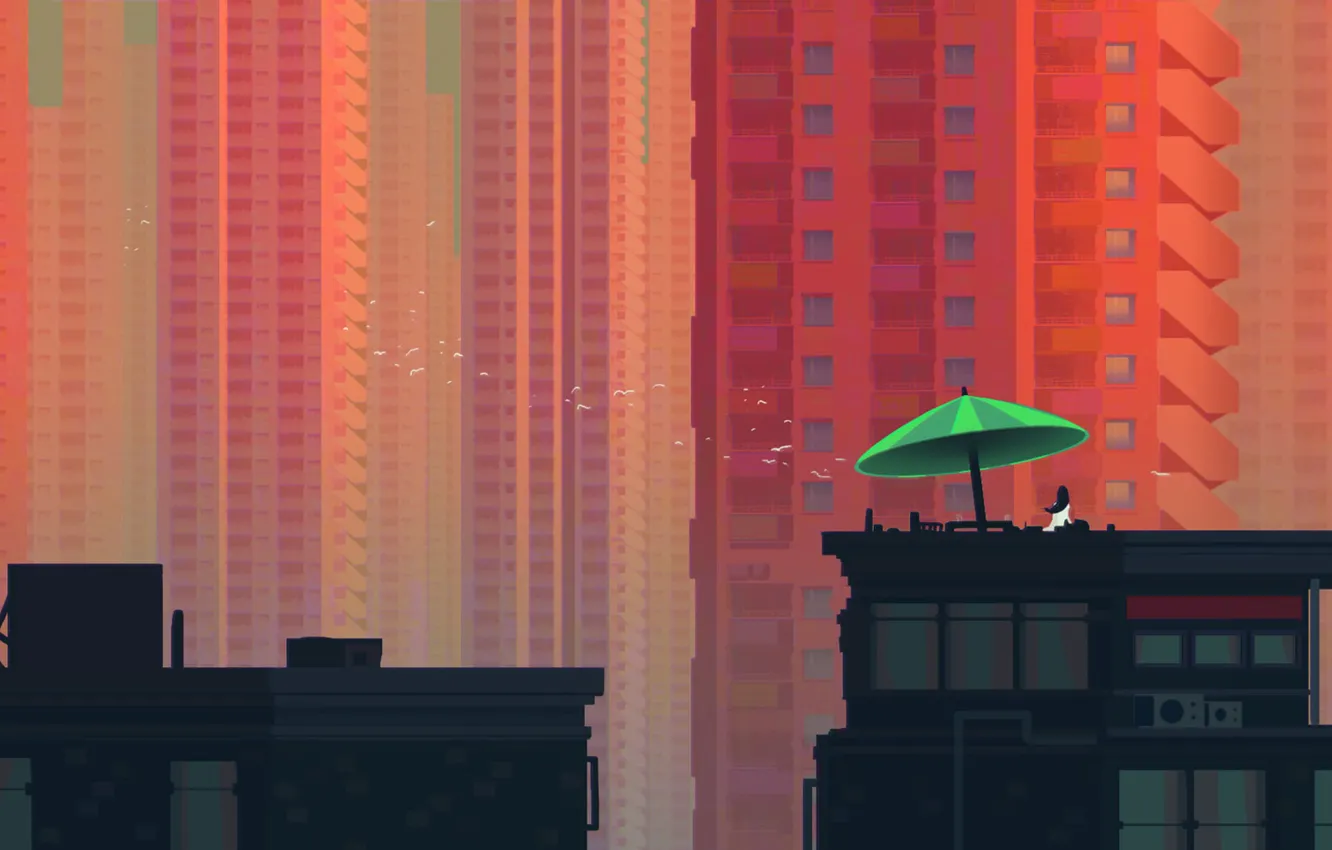 Photo wallpaper roof, the city, umbrella, bird, building, minimalism, skyscrapers, architecture