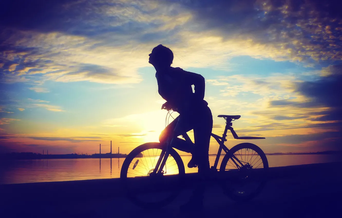Photo wallpaper bike, Sunset, mountain, exercise, ride