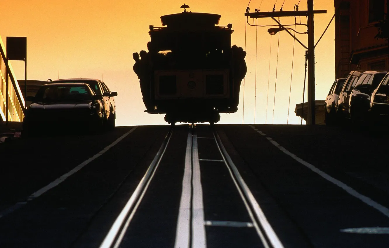 Photo wallpaper road, rails, tram