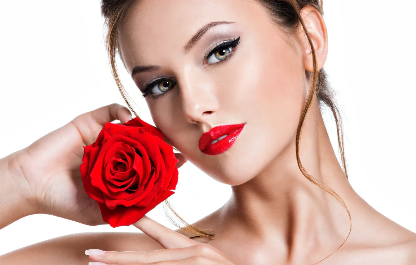 Photo wallpaper girl, portrait, makeup, red, beautiful, face, model, Valua Vitaly