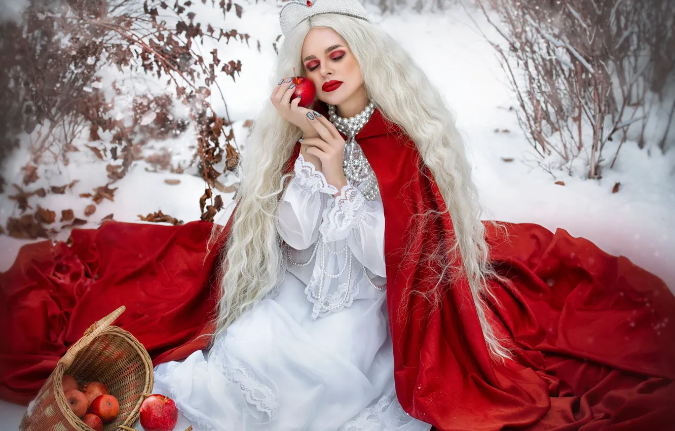 Photo wallpaper winter, forest, girl, snow, decoration, branches, woman, apples