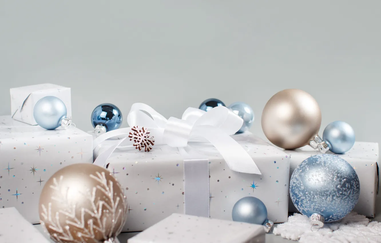 Photo wallpaper winter, balls, holiday, box, gift, balls, blue, Christmas