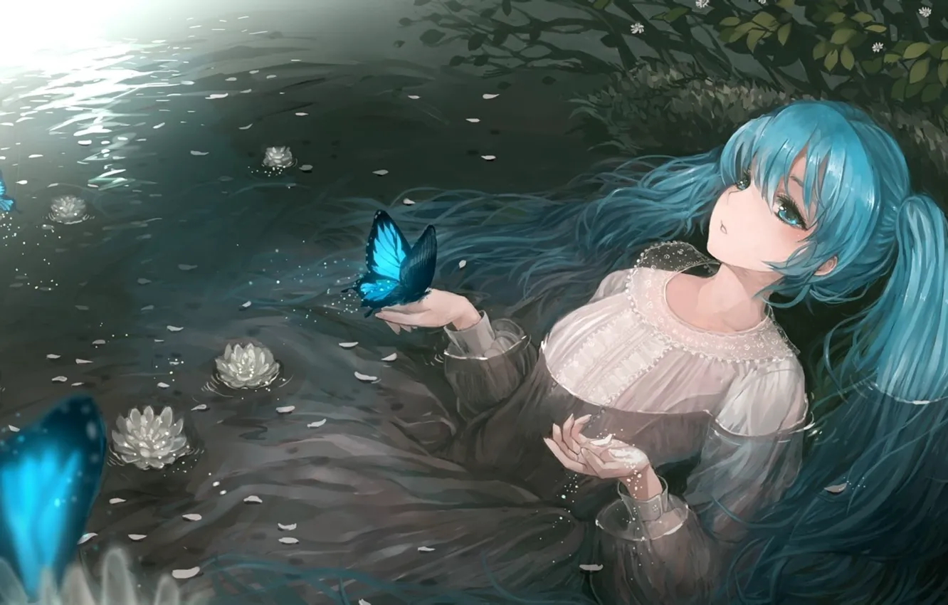 Photo wallpaper water, butterfly, anime, art, Vocaloid, miku, Miku