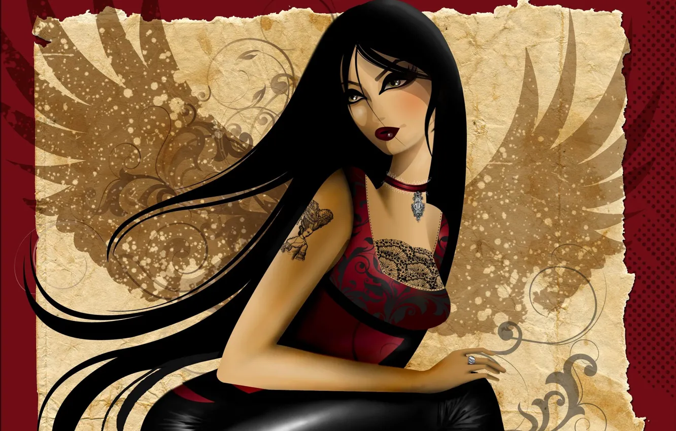 Photo wallpaper girl, background, pattern, wings, tattoo, art, lace