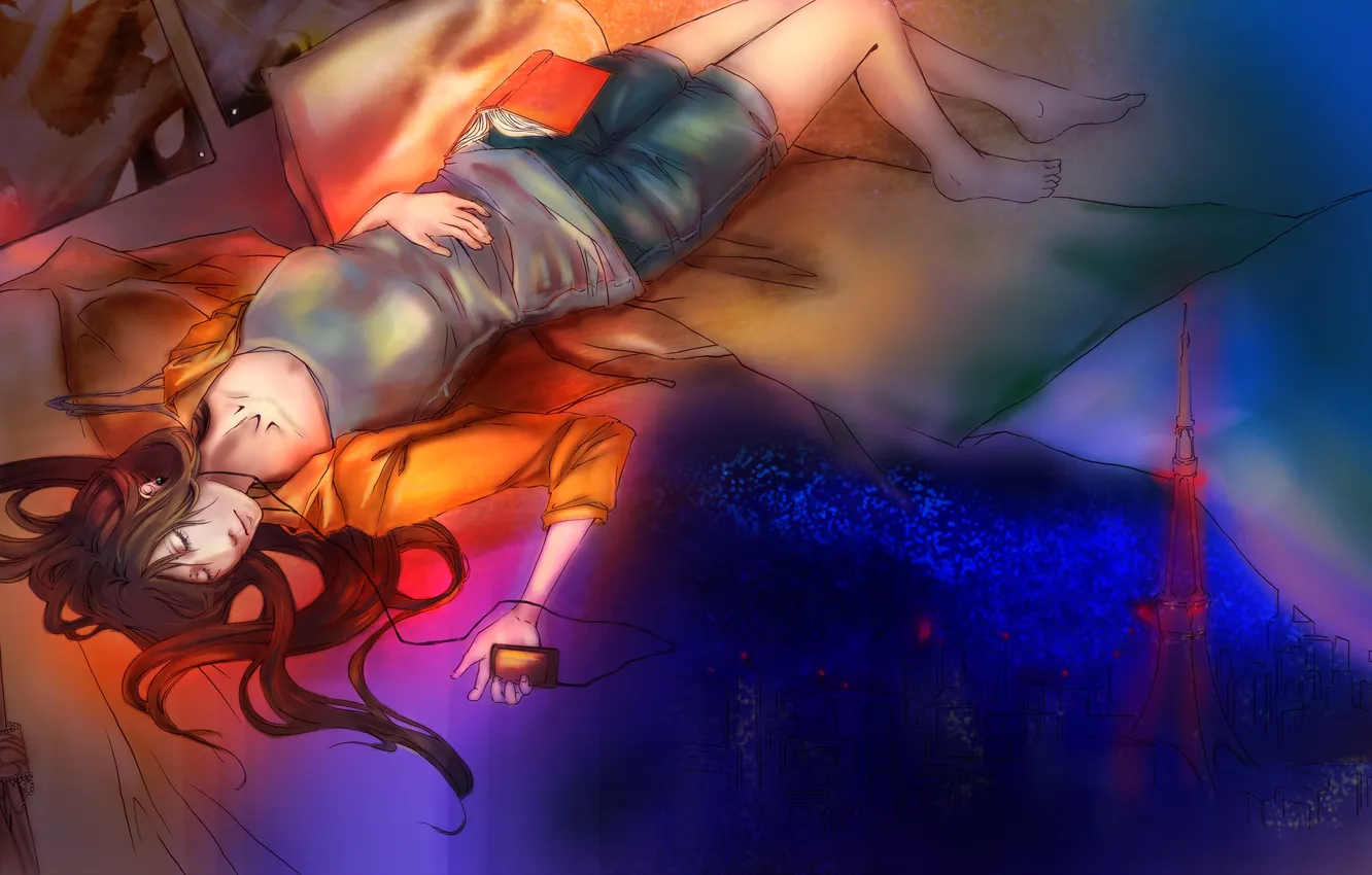 Photo wallpaper girl, the city, music, room, sleep, headphones, lies, art