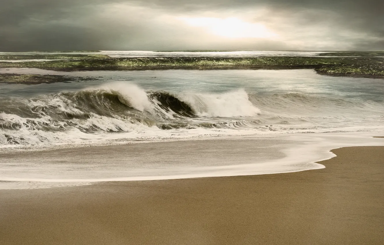 Photo wallpaper sand, sea, wave, beach, clouds, bad weather, clearance