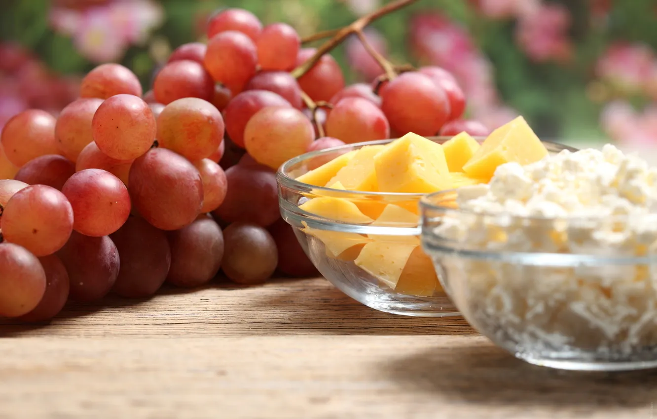 Photo wallpaper cheese, grapes, bunch, slices, cheese
