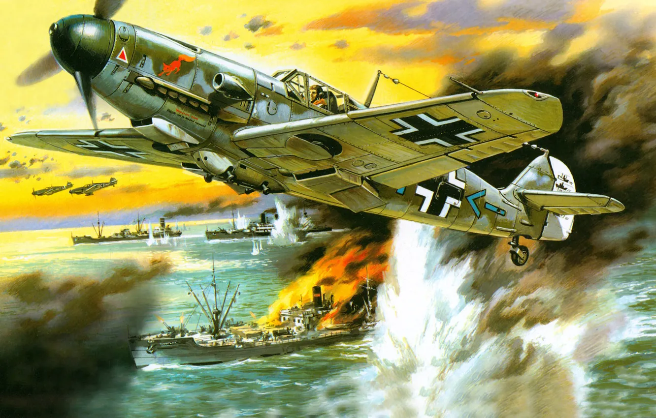 Photo wallpaper attack, figure, ships, art, Messerschmitt, Air force, single-engine piston fighter-low, Friedrich