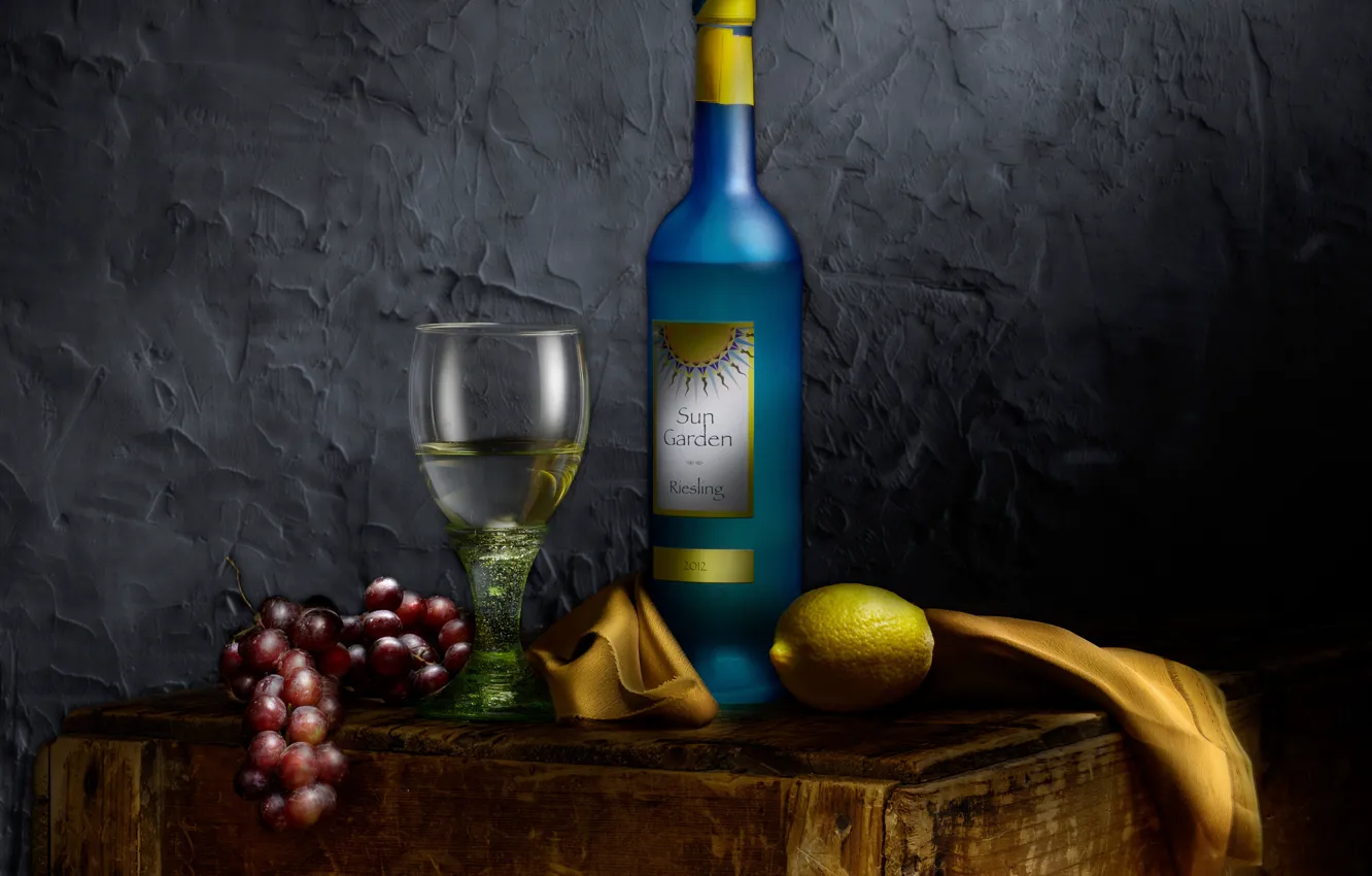 Photo wallpaper wine, lemon, glass, grapes, still life, Bottle of wine