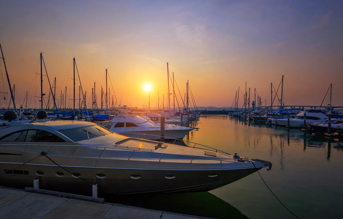 Photo wallpaper the sun, sunset, Bay, yacht