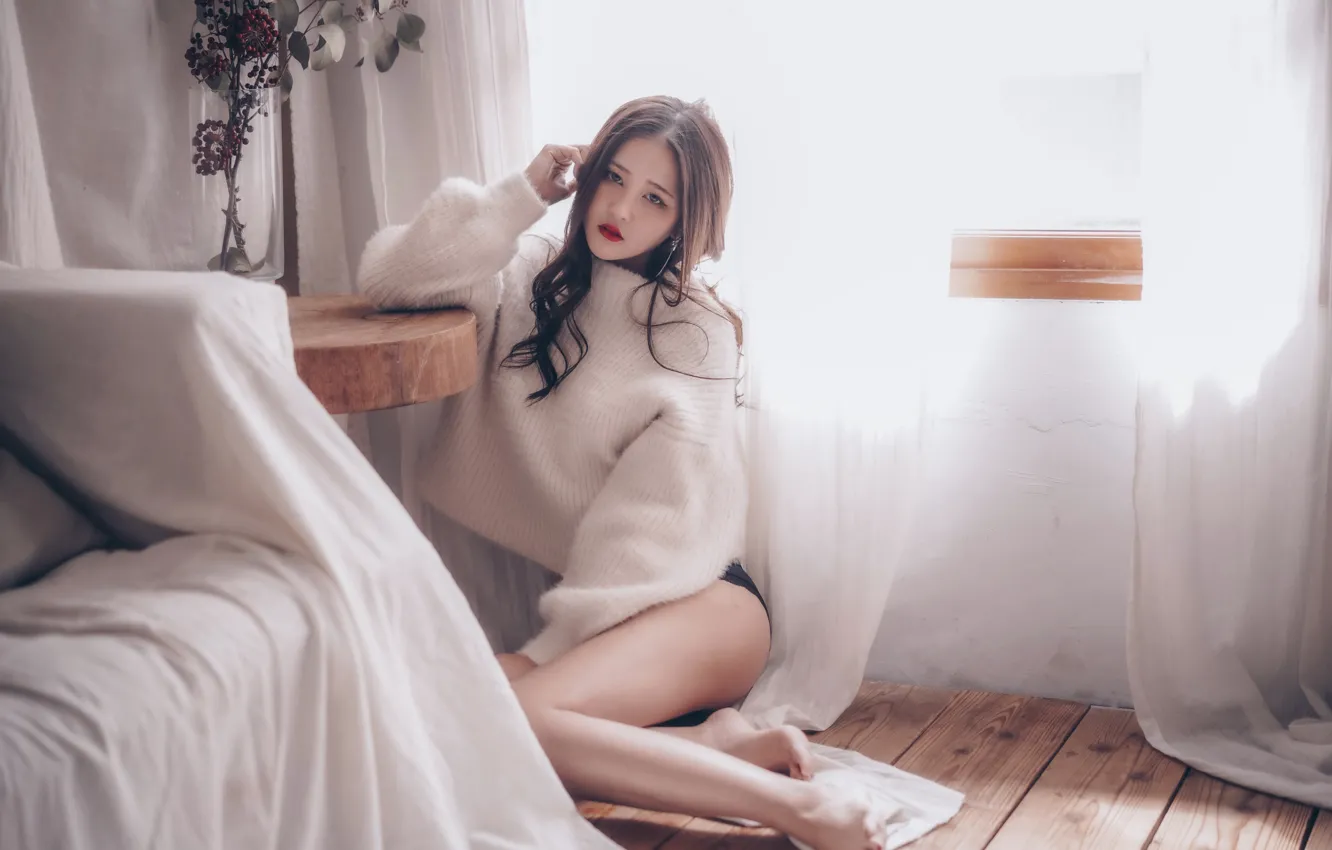 Photo wallpaper girl, pose, feet, Board, Asian, on the floor, sweater