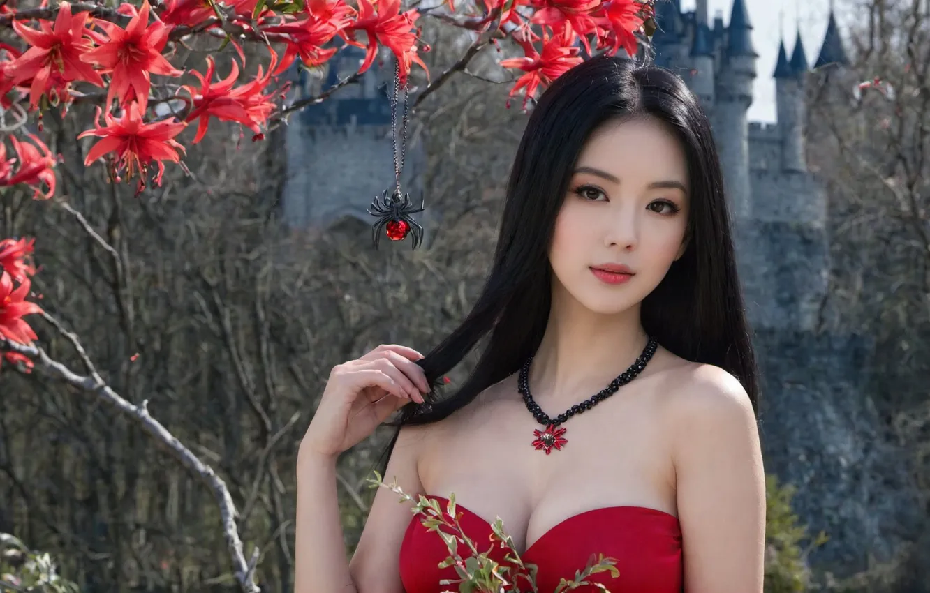 Photo wallpaper flowers, spider, girl, castle, the bushes, Asian