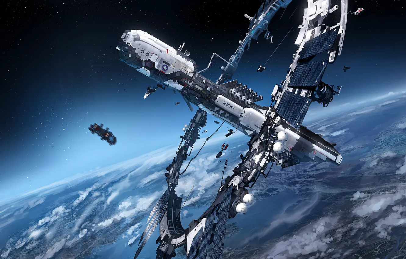 Photo wallpaper space, Earth, water, clouds, stars, planet, digital art, futuristic