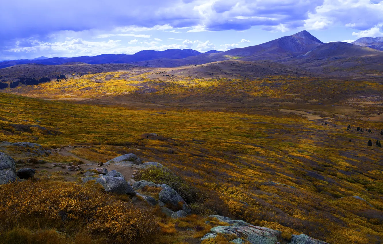 Photo wallpaper field, autumn, the sky, clouds, mountains, stones, hills, vegetation