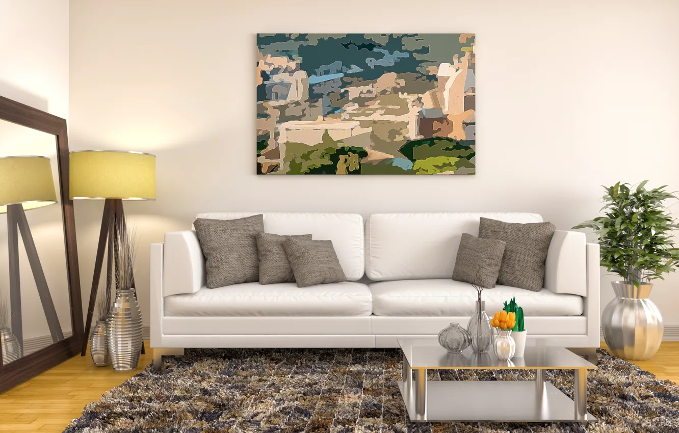 Photo wallpaper design, interior, picture, pillow, vase, table, decor, modern