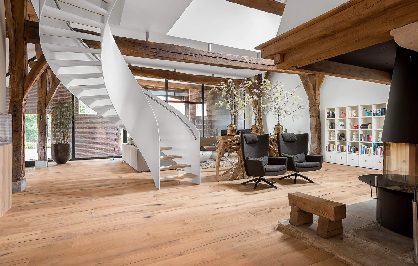 Photo wallpaper Villa, interior, fireplace, living room, Old Farmhouse in Enschede
