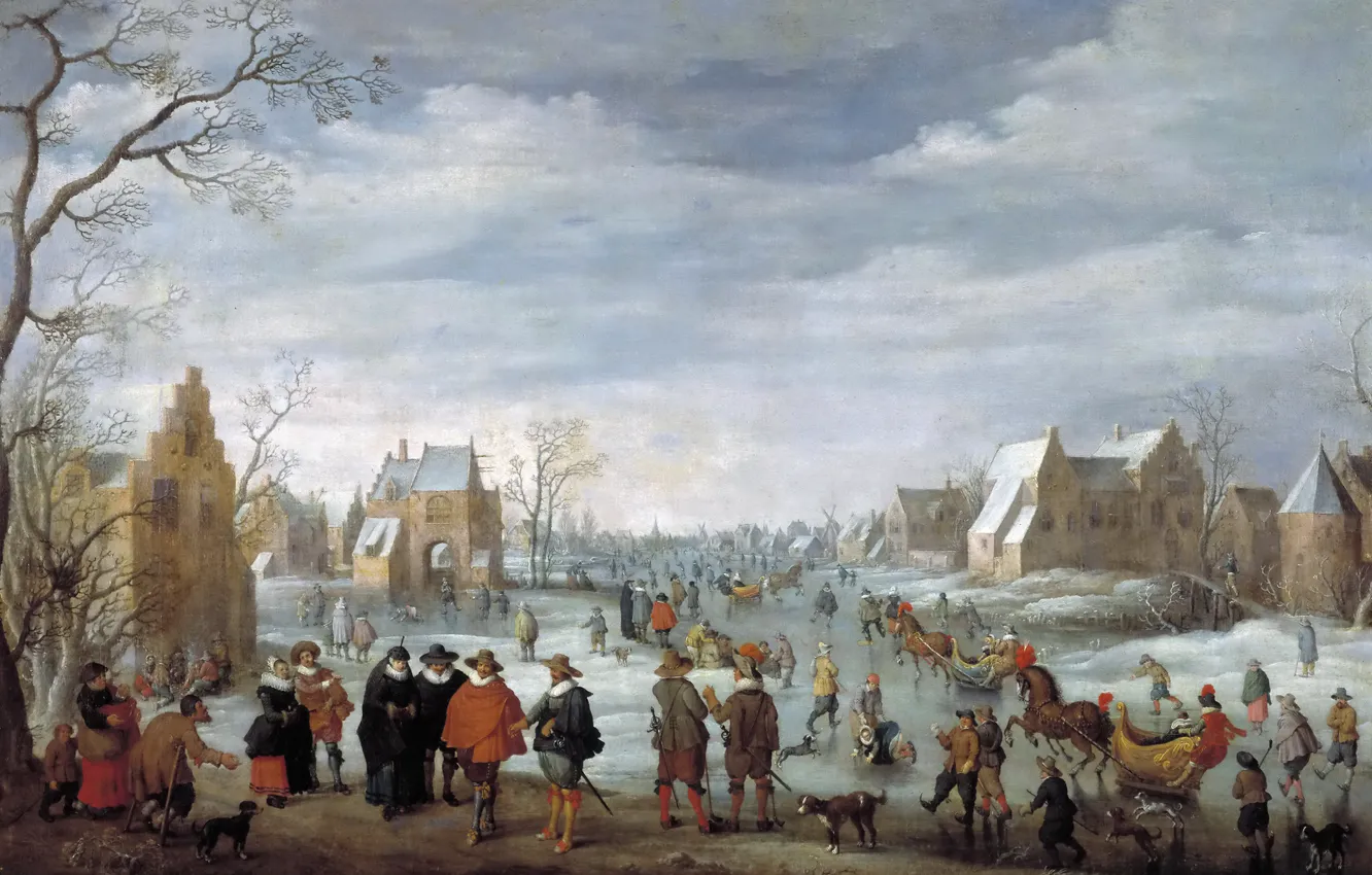 Photo wallpaper the city, people, home, picture, Joost Cornelisz. Droochsloot, Winter Landscape with Ice Skating