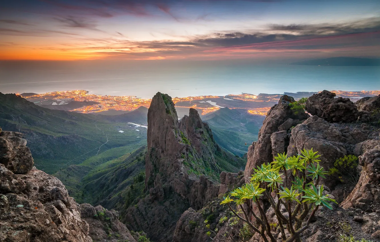Photo wallpaper the sky, clouds, mountains, the city, lights, rocks, Canary Islands, The Atlantic ocean
