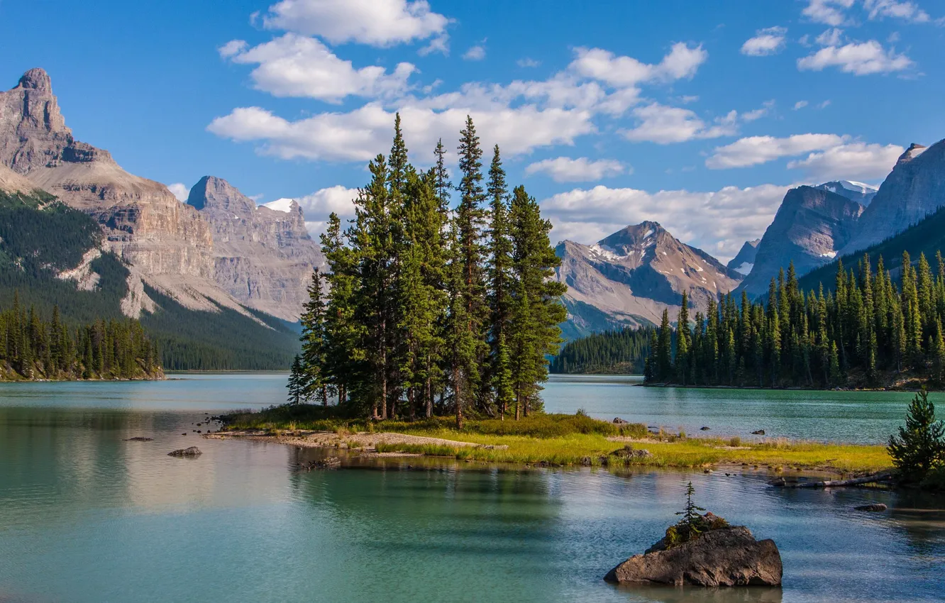 Photo wallpaper trees, mountains, lake, island, Canada, Albert, Maligne Lake, Jasper national Park