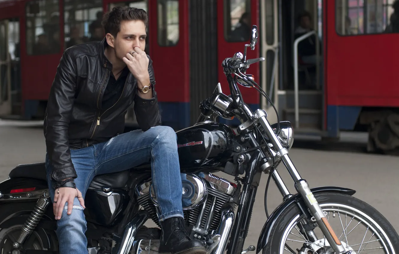 Photo wallpaper jacket, motorcycle, male, Milos Bikovich