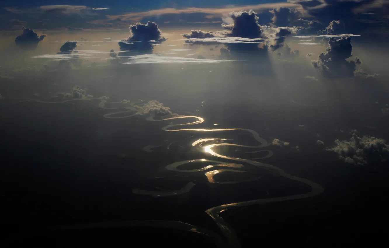 Photo wallpaper the sky, clouds, landscape, nature, river, horizon, the view from the top, relief