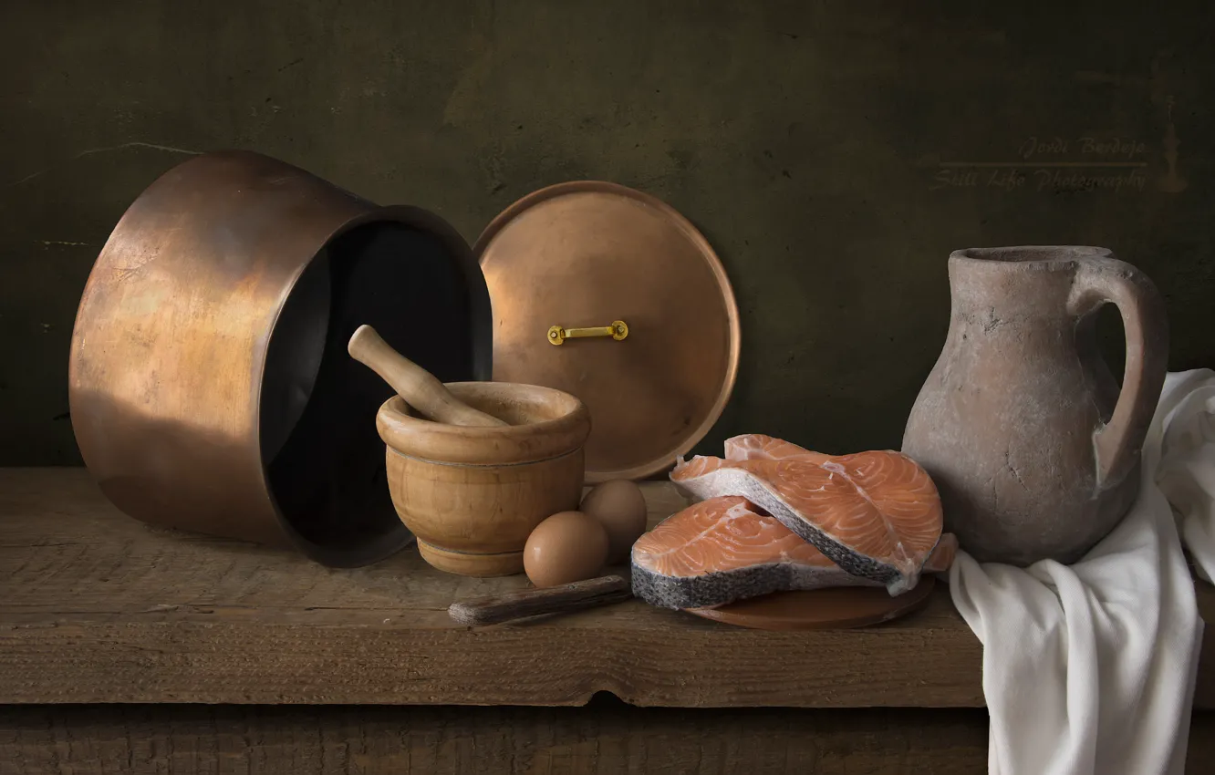 Photo wallpaper eggs, fish, dishes, pitcher, mortar, salmon, steak