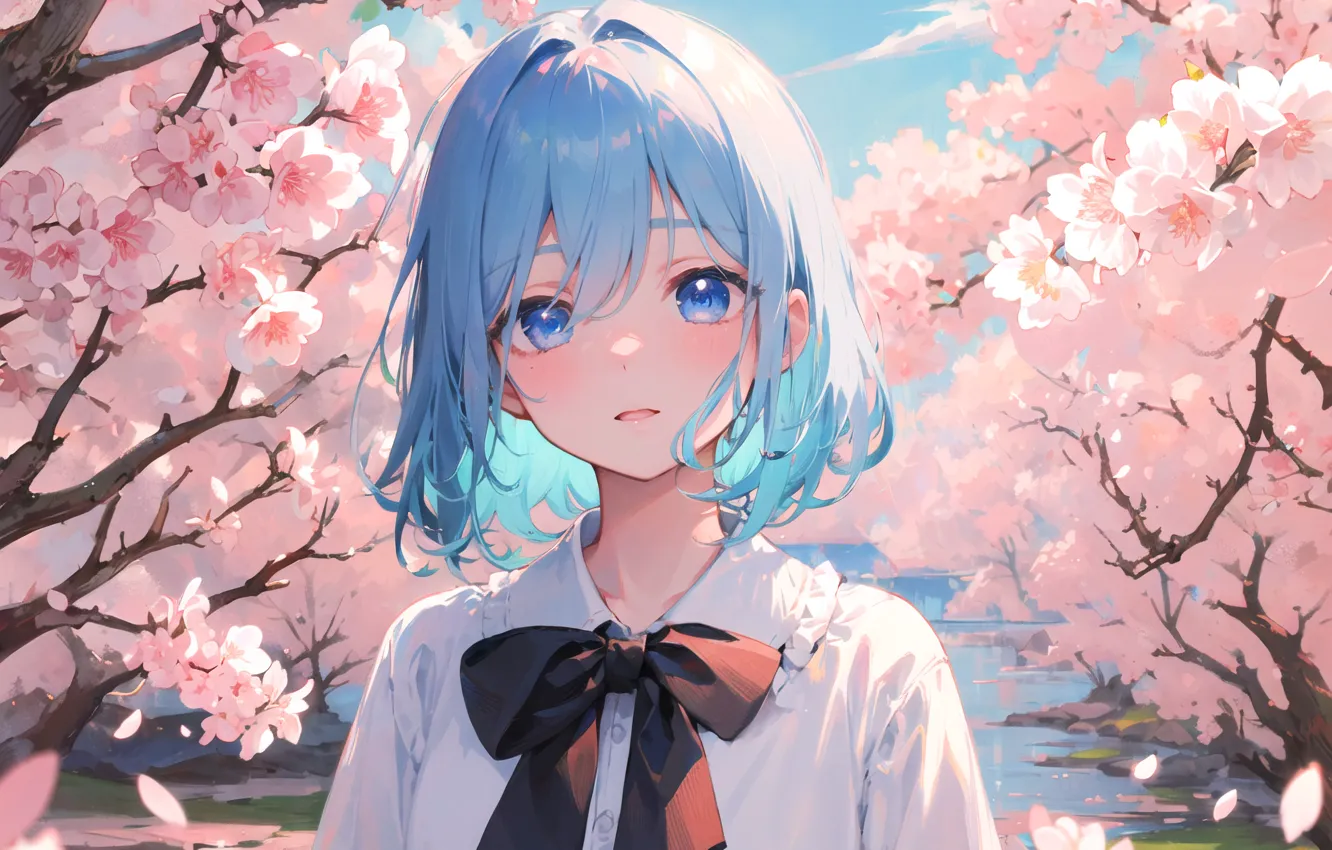 Photo wallpaper schoolgirl, blue eyes, bow, blue hair, blue sky, white blouse, Spring day, the cherry blossoms