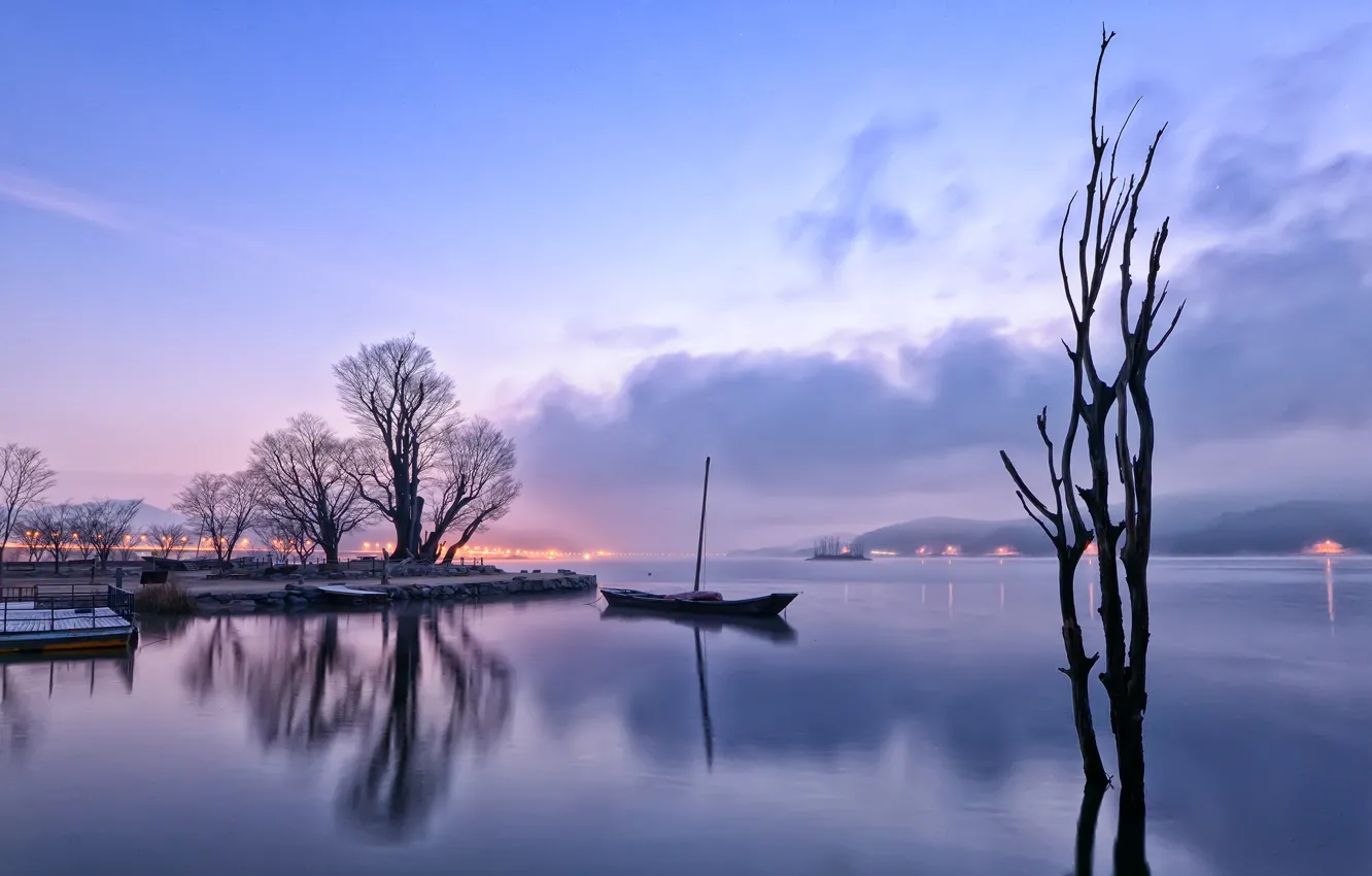 Photo wallpaper the sky, clouds, trees, lights, fog, lake, reflection, hills