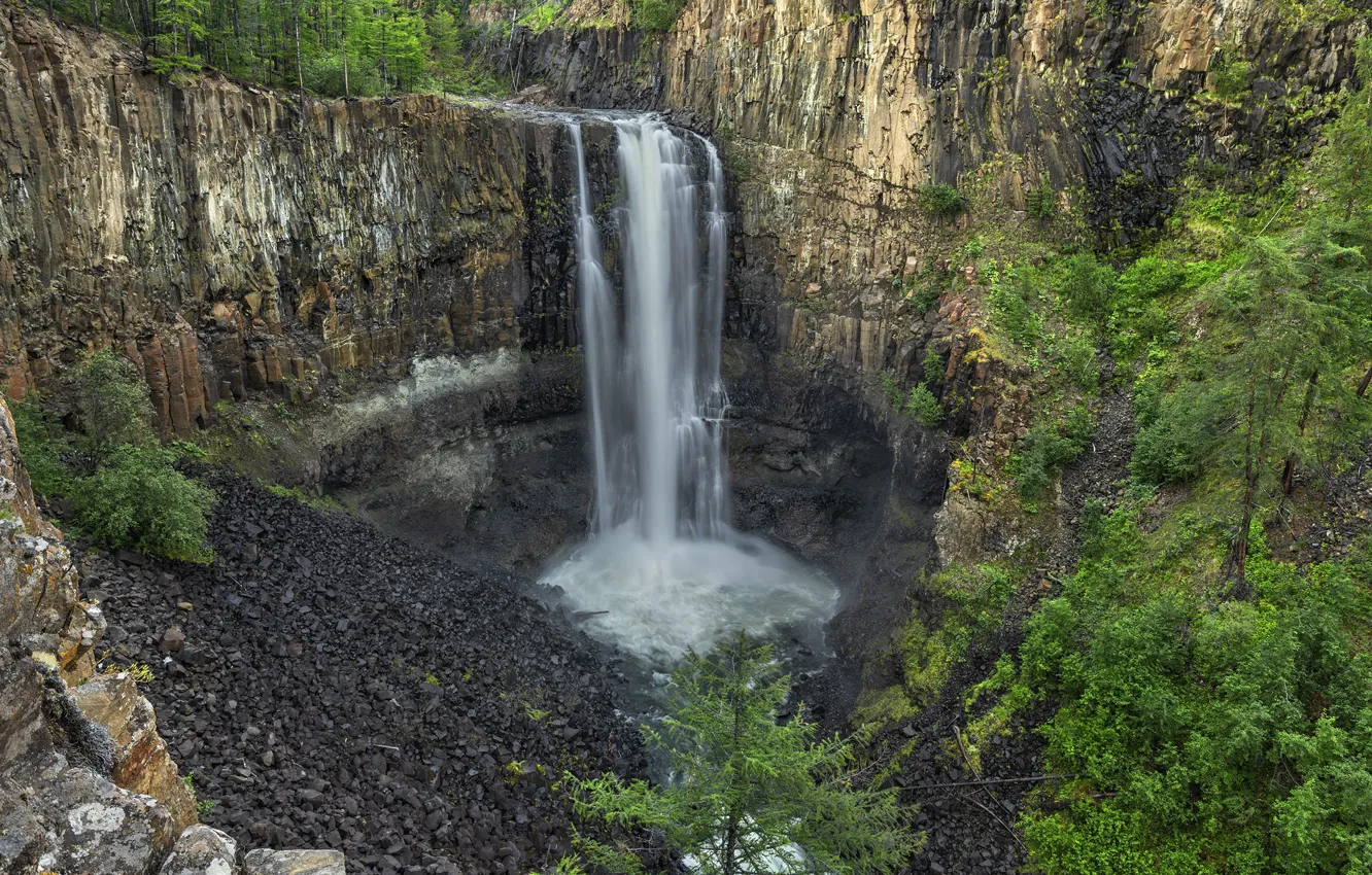Photo wallpaper forest, landscape, nature, waterfall, canyon, Vladimir Ryabkov, Burdekin, The Putorana Plateau