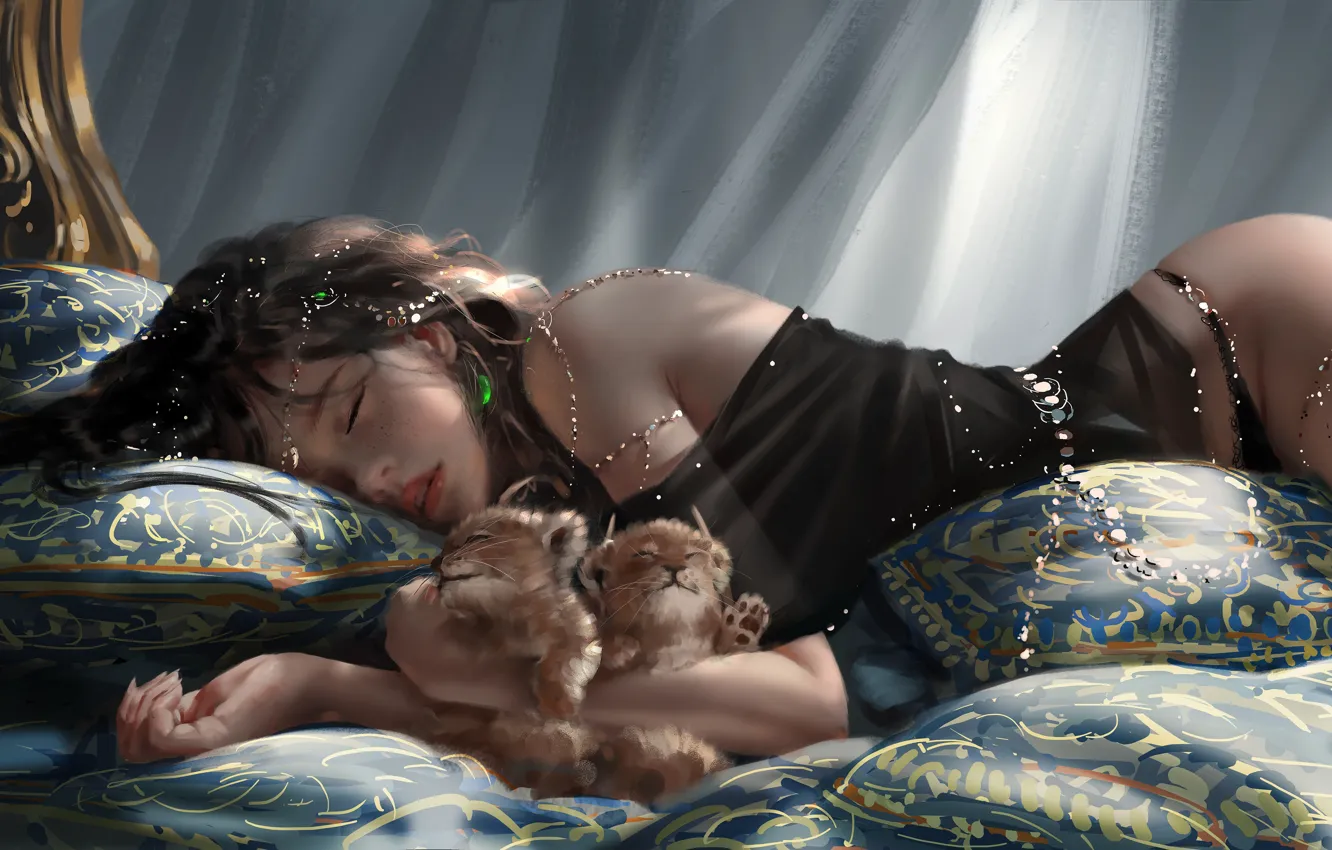 Photo wallpaper dream, girl, art, kittens, sleeping, freckles, Wlop, WLOP