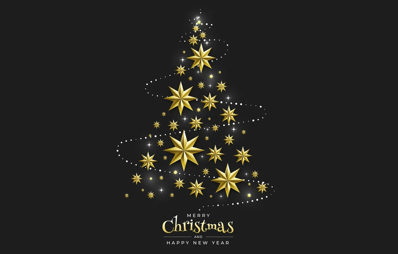 Photo wallpaper stars, decoration, gold, tree, new year, Christmas, golden, black background