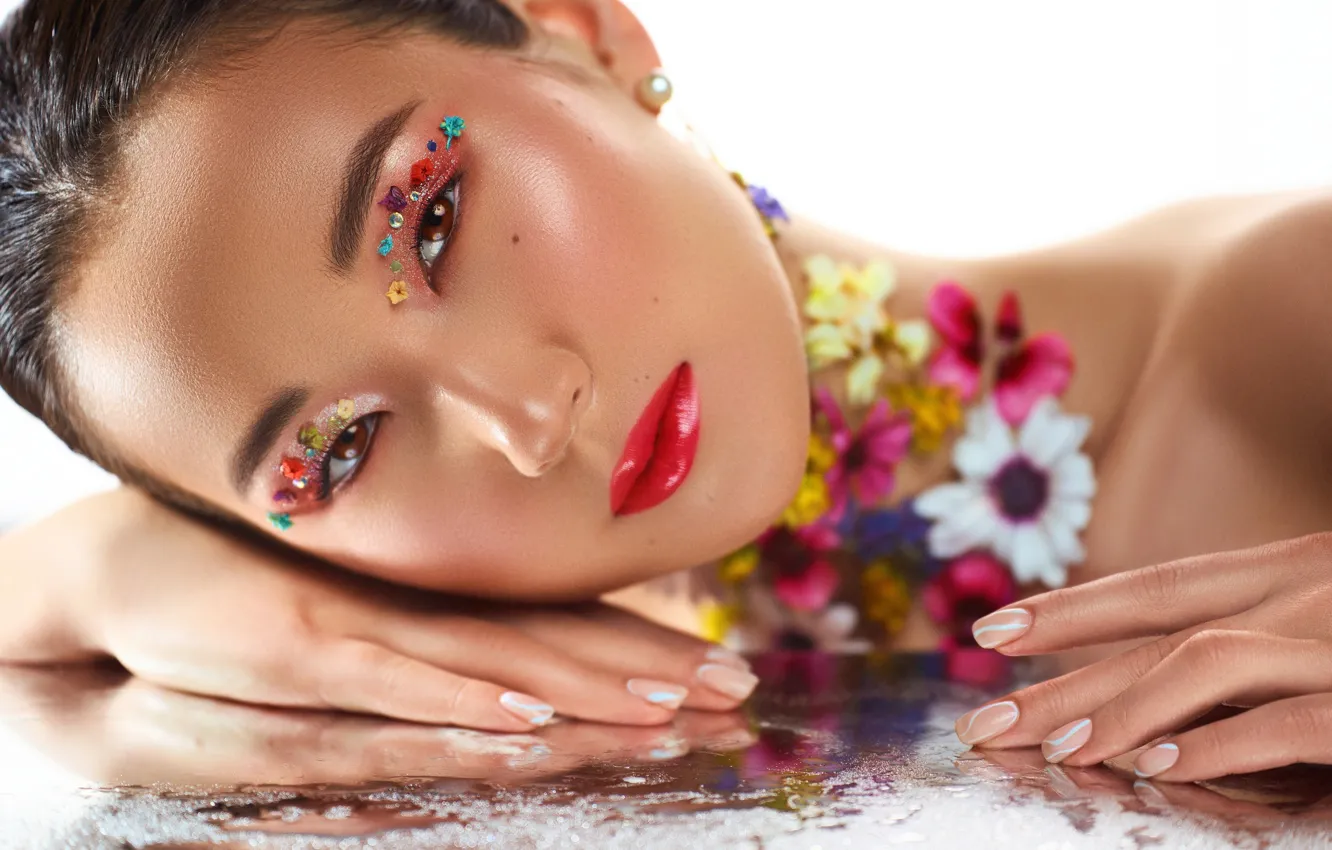 Photo wallpaper look, girl, flowers, face, style, model, hands, makeup