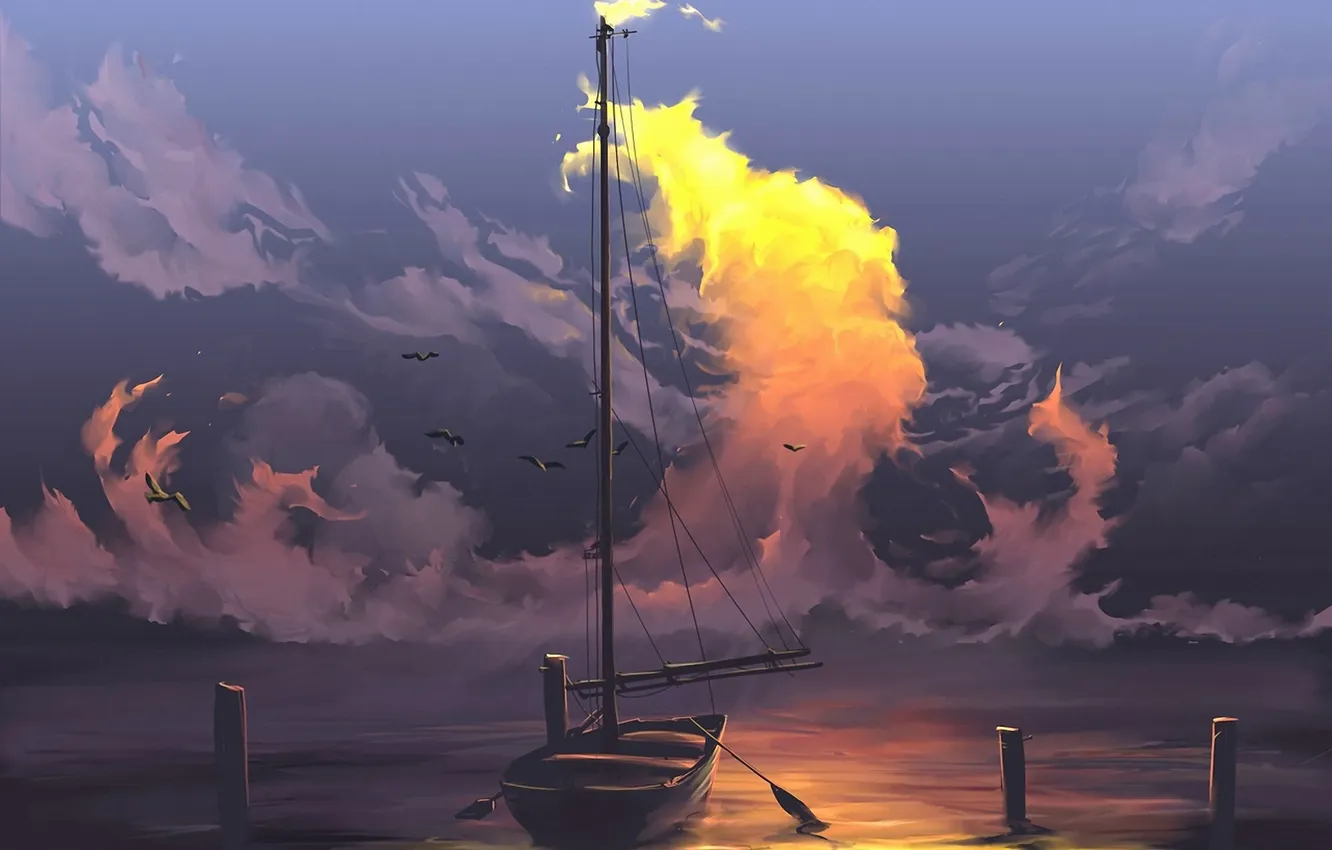 Photo wallpaper clouds, art, boat, paddle