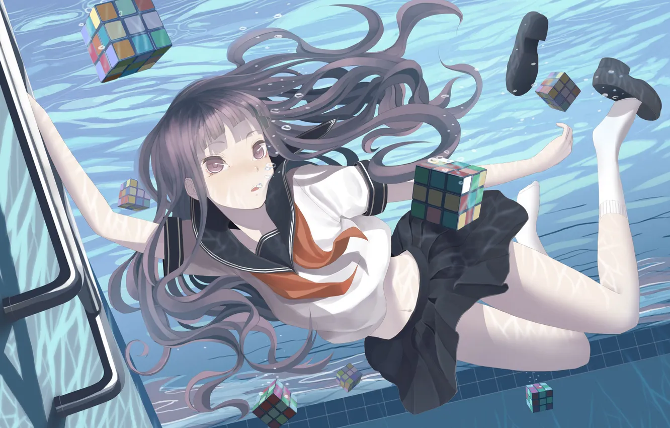 Photo wallpaper girl, bubbles, anime, pool, art, ladder, form, schoolgirl