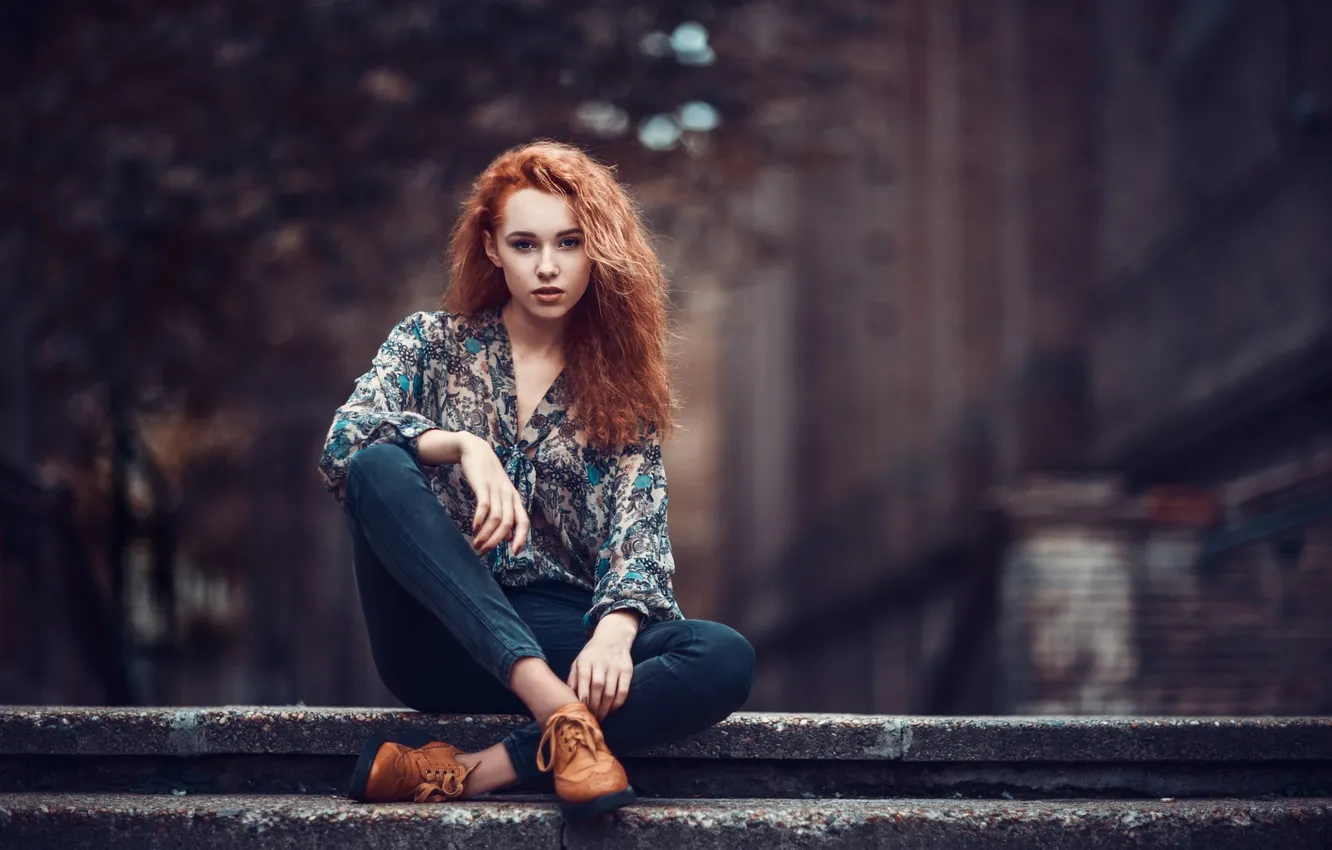 Photo wallpaper jeans, steps, shirt, the beauty, redhead