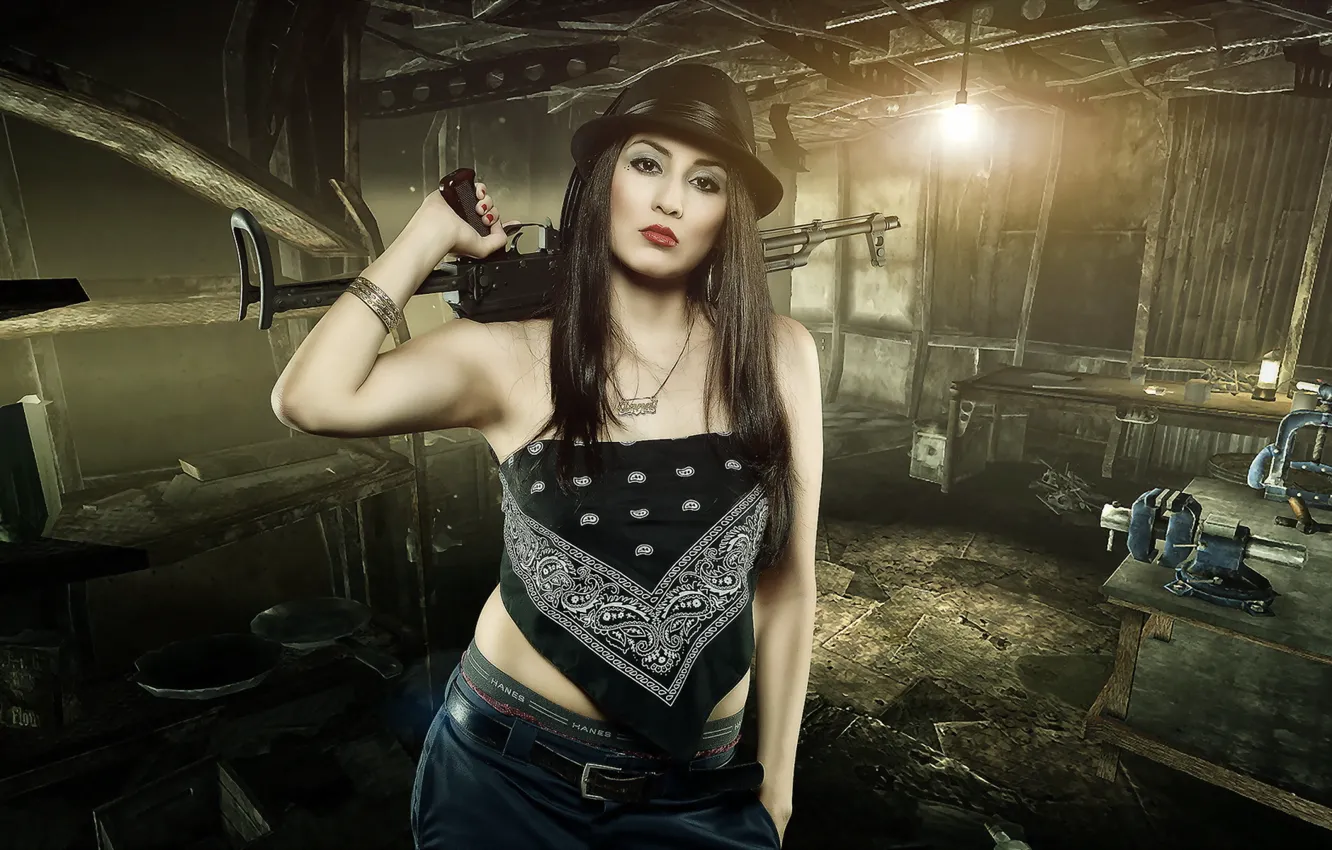 Photo wallpaper girl, weapons, background