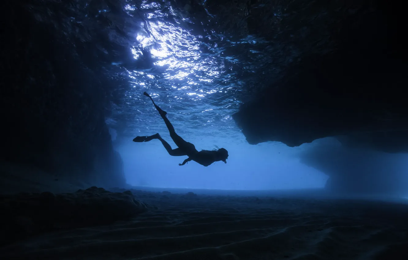 Photo wallpaper girl, deep, sea, blue, water