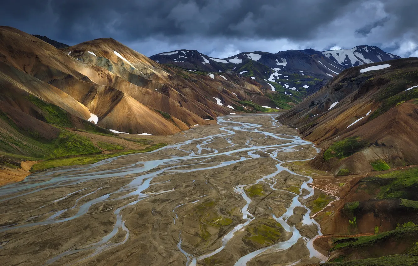 Photo wallpaper mountains, texture, valley, river