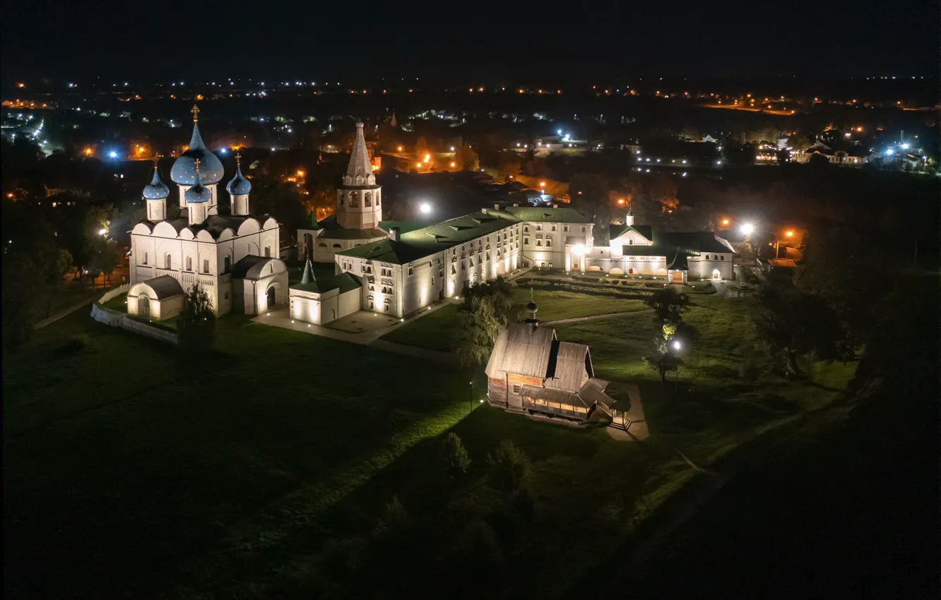 Photo wallpaper night, the city, tower, lighting, temple, The Kremlin, the dome, Suzdal
