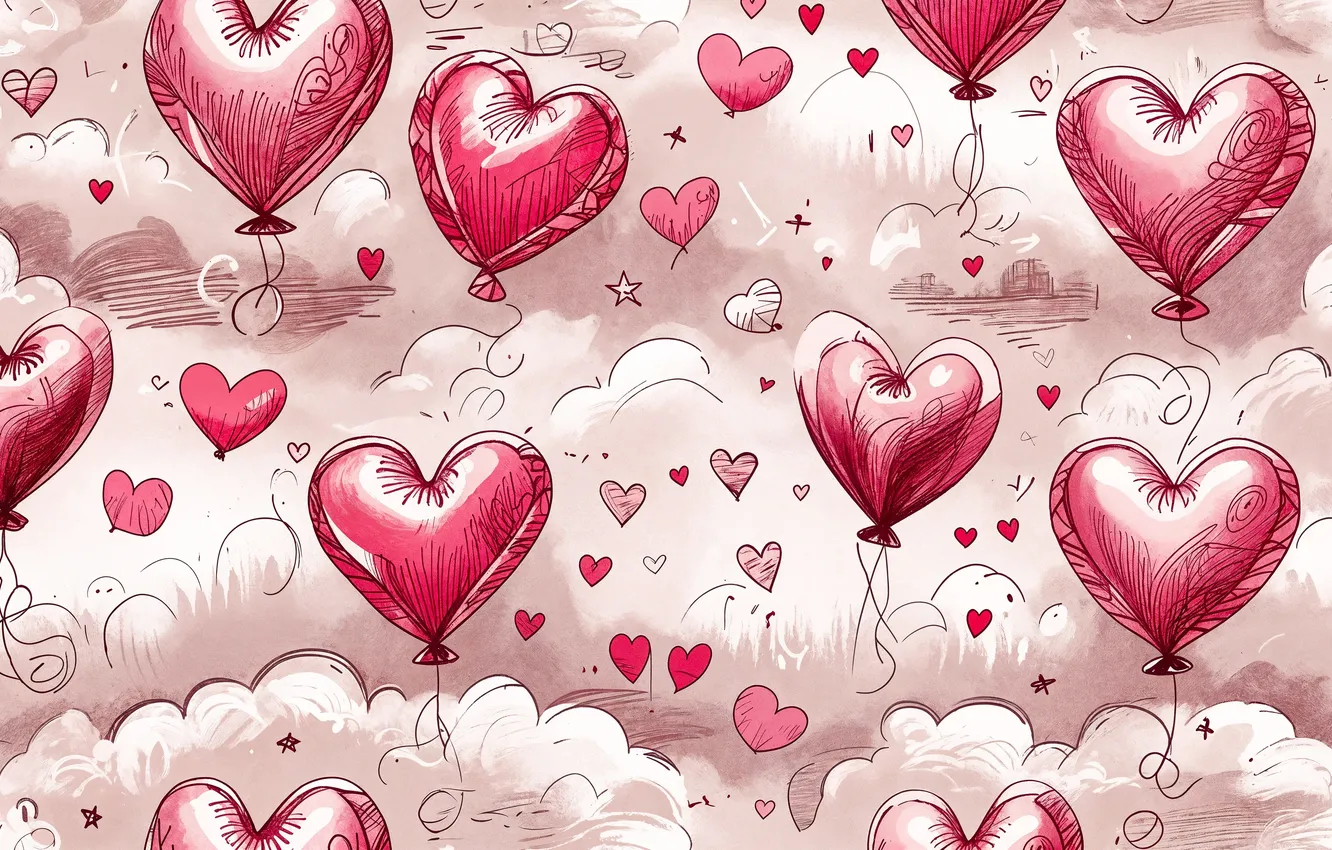 Photo wallpaper clouds, love, red, heart, figure, texture, hearts, air