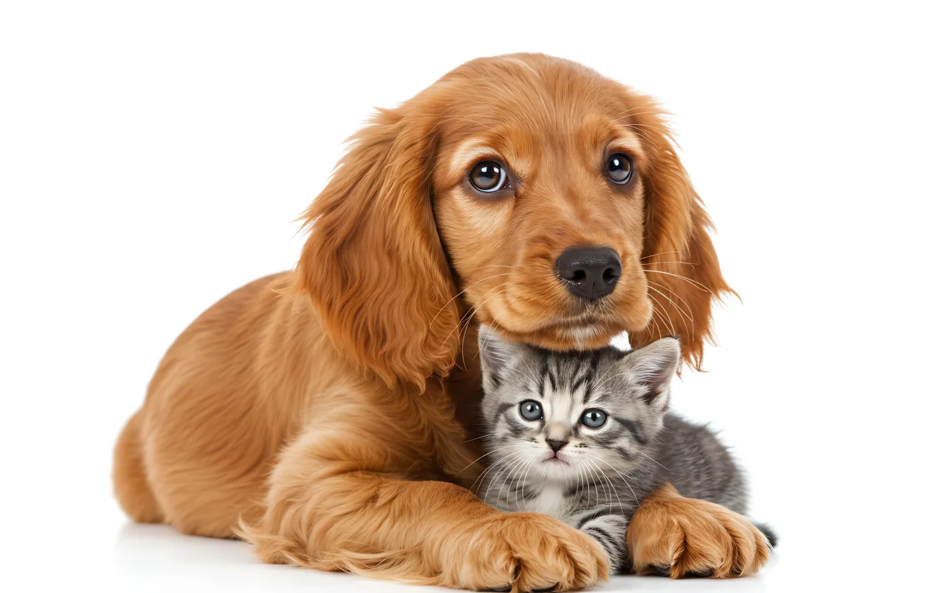 Photo wallpaper cat, look, pose, grey, each, dog, puppy, white background