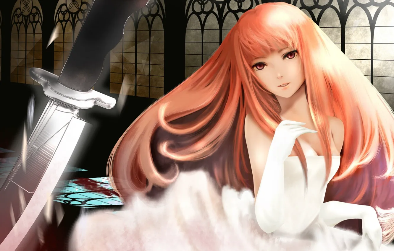 Photo wallpaper blood, blade, window, knife, gloves, red, white dress