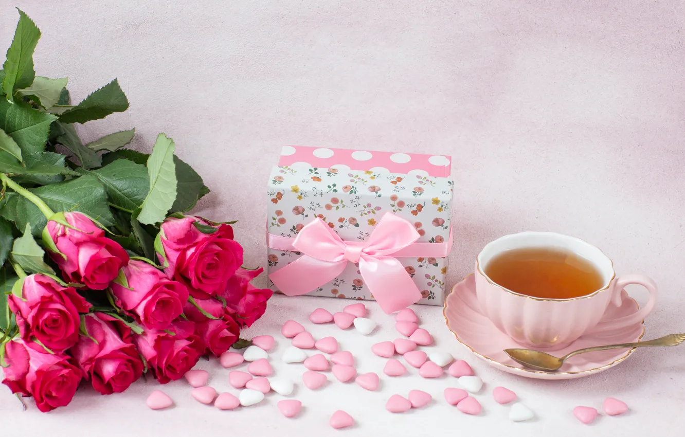 Photo wallpaper gift, tea, roses, Cup, hearts, pink, Julija Vilvarin