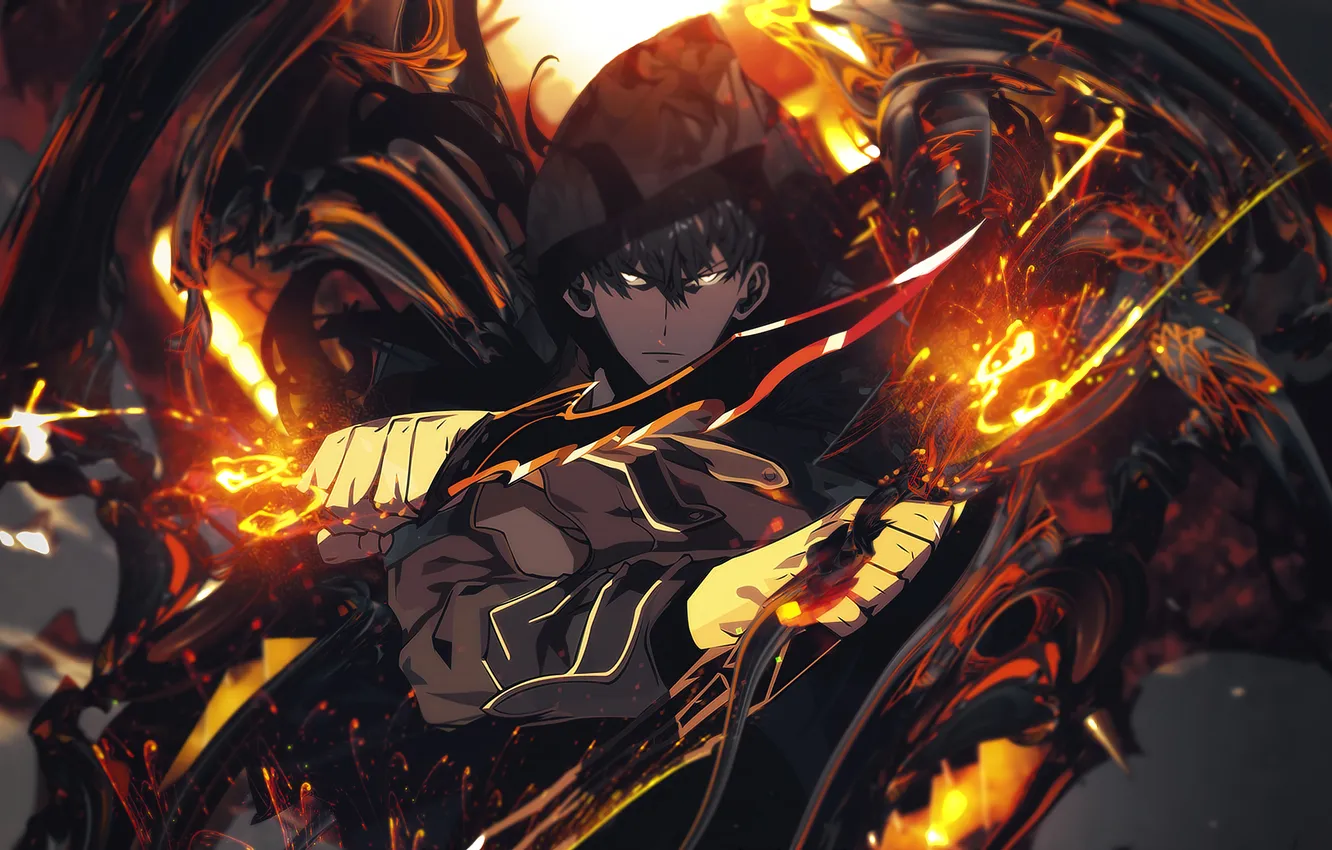 Photo wallpaper fire, flame, anime, power, boy, asian, warrior, manga